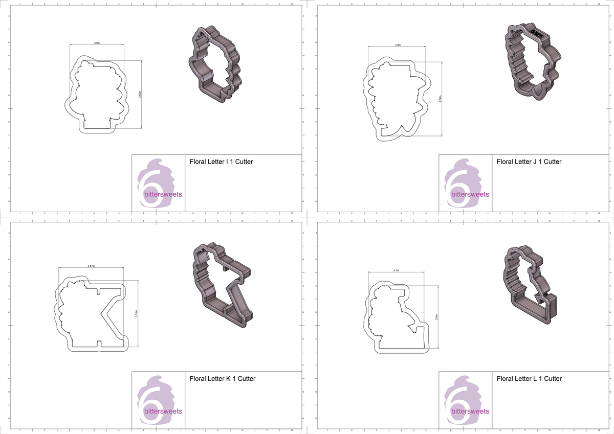 DIGITAL STL Download For Floral Letters A - M 1 Cookie Cutters